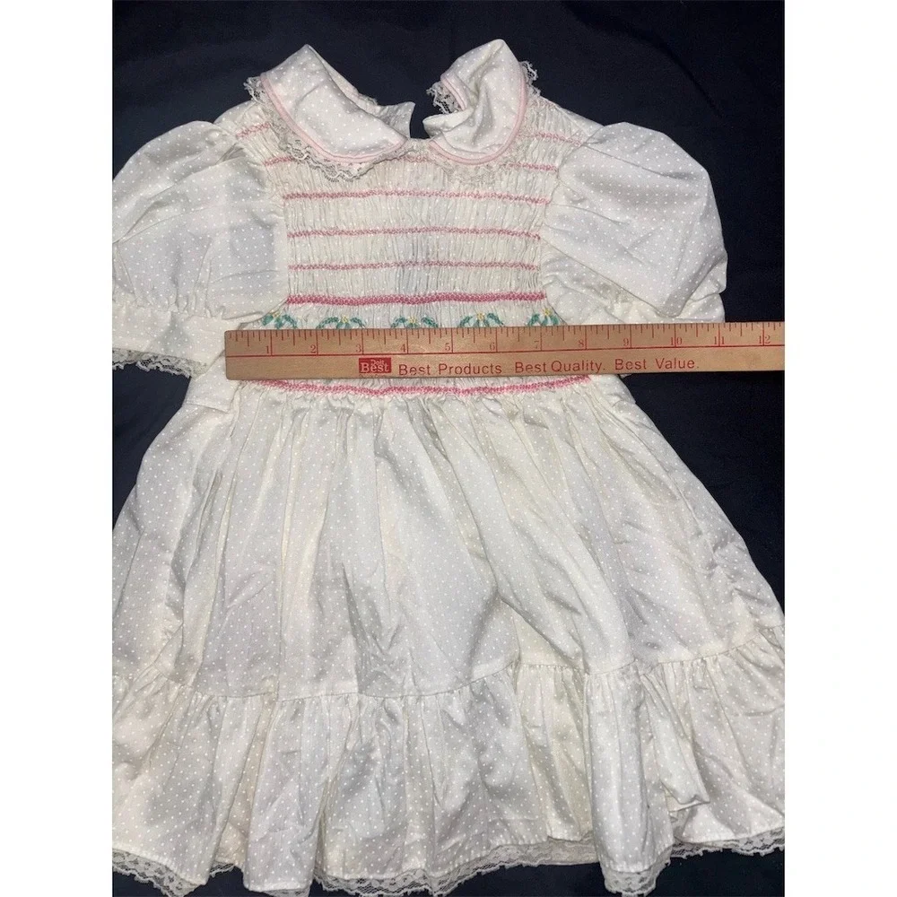 Polly Flinders Girls Dress 2T White Smocked Swiss Dot Pink vintage christening